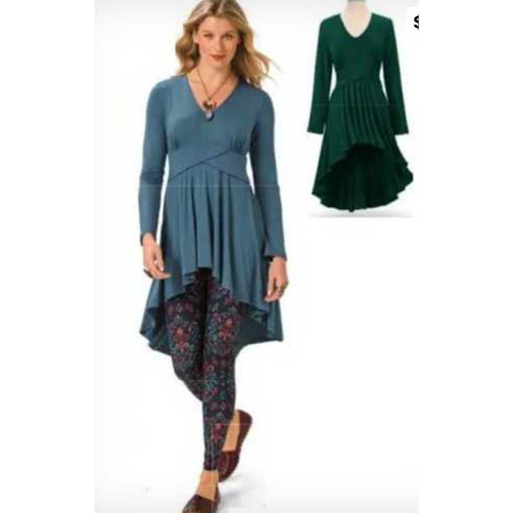 THE PYRAMID COLLECTION GREEN CROSSOVER FRONT HANDKERCHIEF HEM TUNIC DRESS TOP S - Picture 4 of 7